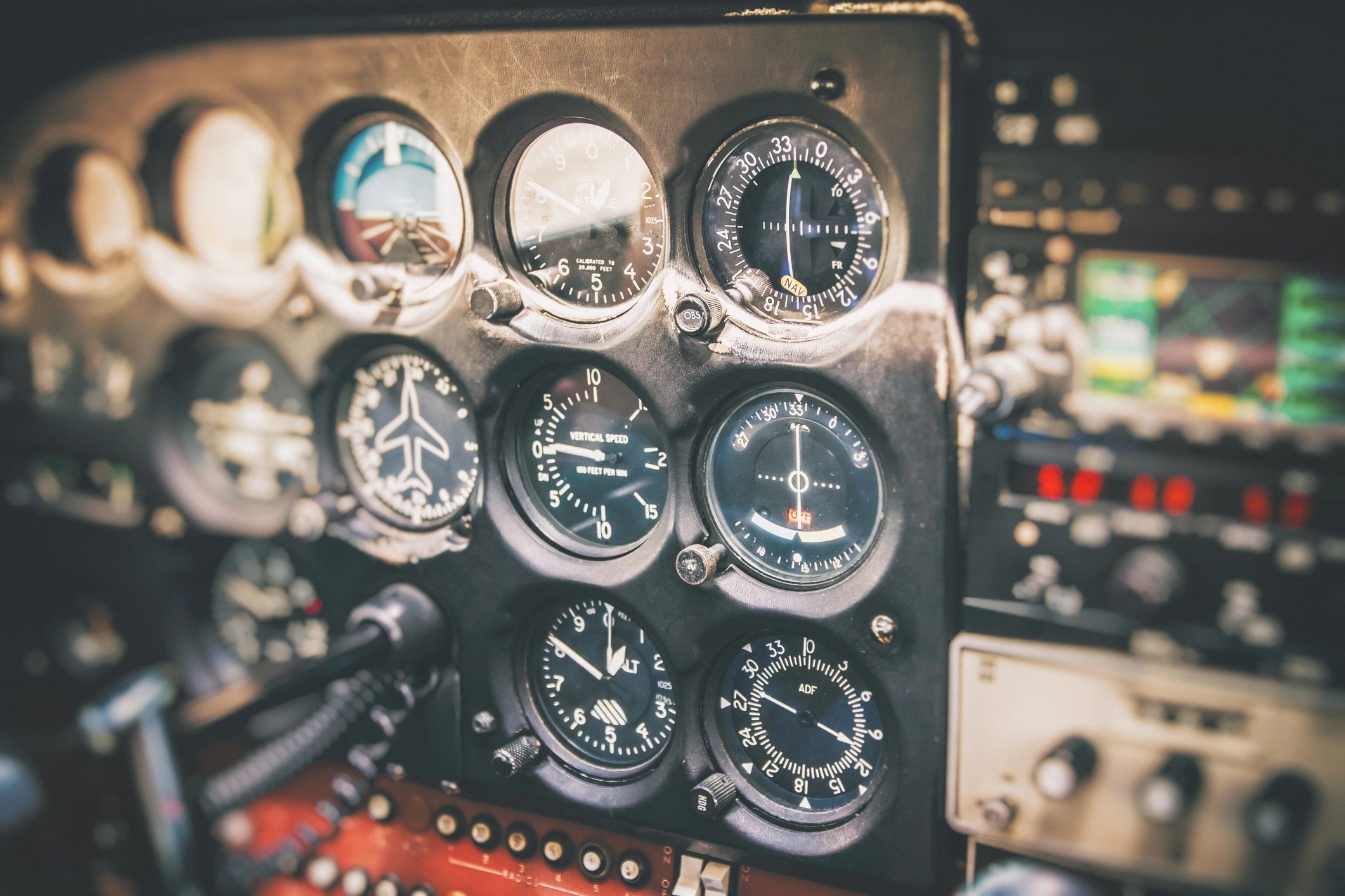 Close-up of aircraft flight instruments and control panel